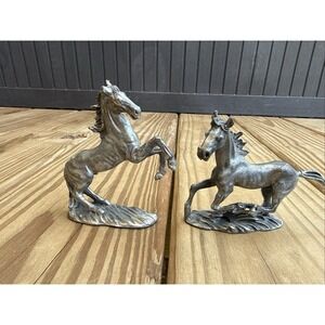Two Vintage Pewter Horse Figurines 4" And 3" Rearing Stallion And Galloping